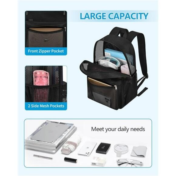 Lightweight Mesh Backpack See Through School College Travel Beach Sports Bag - Picture 4 of 7